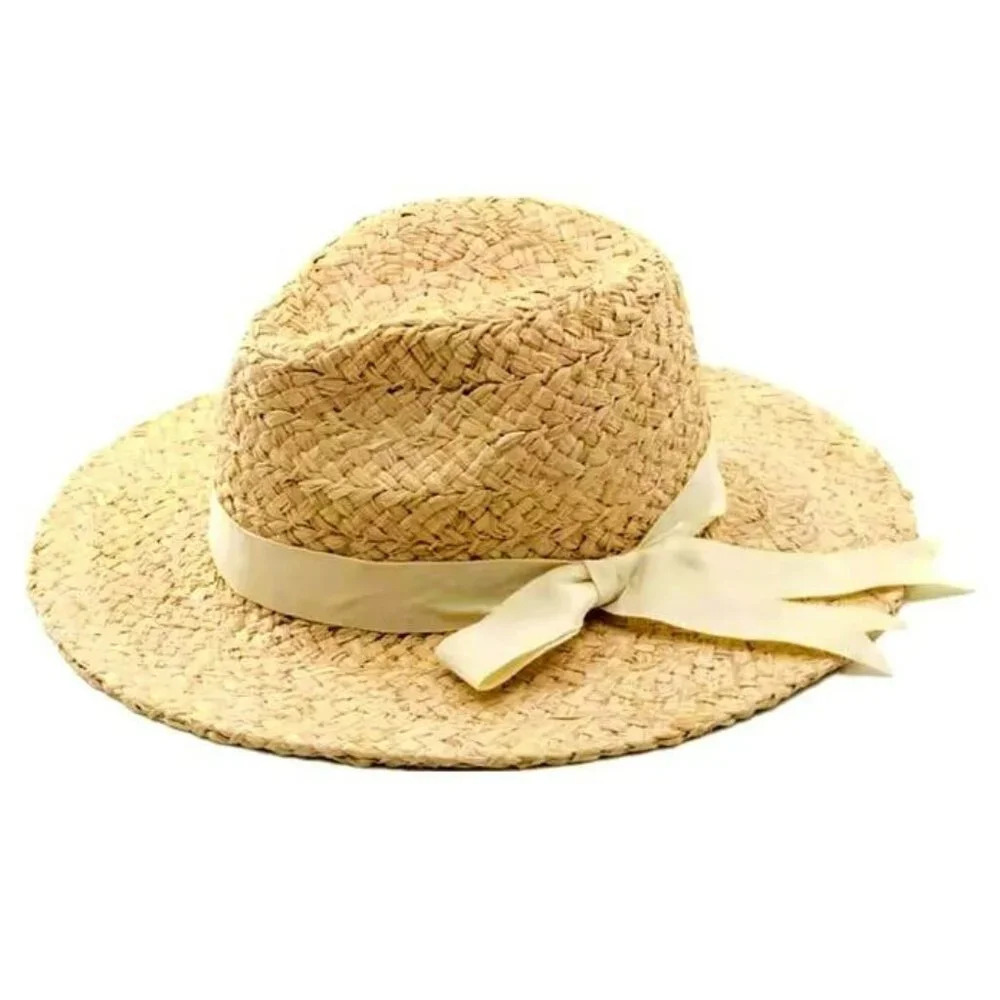 Bindya Women's Adjustable Raffia Straw Wide Braid Bow Fedora Hat (MSRP $50)